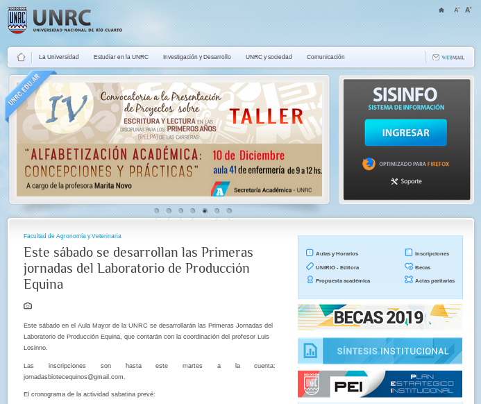 Captura de página de inicio del sitio web de la UNRC